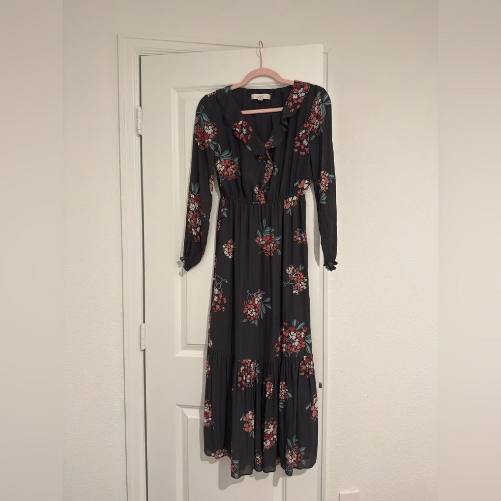 LOFT Black Floral Long Sleeve Dress